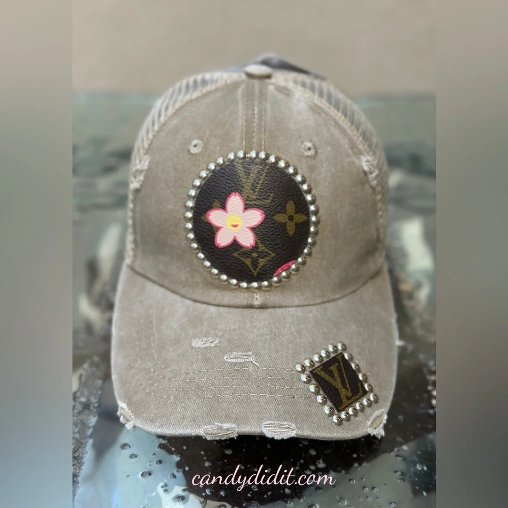 Unique Handmade Cherry Blossom Distressed Studded LV Tan Ball Cap - Picture 11 of 11